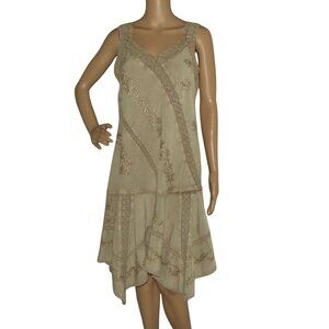 Coline Dress Womens Large Tan embroidered lace up midi sleeveless v-neck viscose